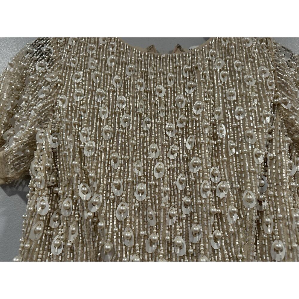 Mac Duggal 93893 Beige High Neck Short Sleeve Embellished Midi Sheath Dress Sz 6 - Picture 3 of 8